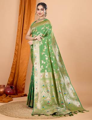 parrot green zari work banarasi silk blend saree with blouse 3