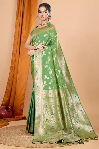 parrot green zari work banarasi silk blend saree with blouse