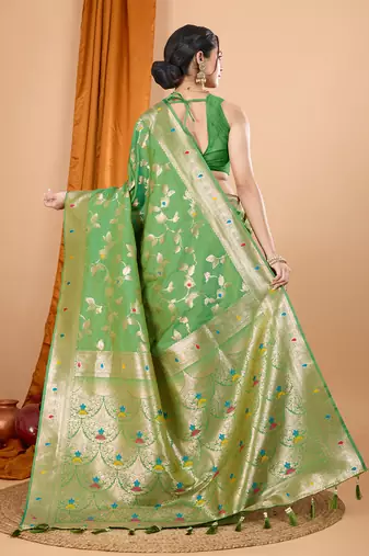 parrot green zari work banarasi silk blend saree with blouse