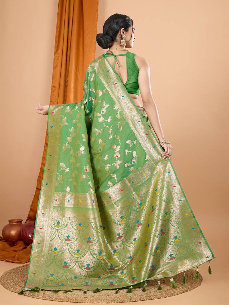 parrot green zari work banarasi silk blend saree with blouse