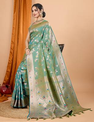 sea green zari work banarasi silk blend saree with blouse 1
