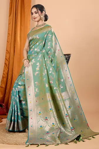 sea green zari work banarasi silk blend saree with blouse