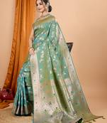 sea green zari work banarasi silk blend saree with blouse