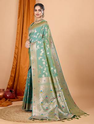sea green zari work banarasi silk blend saree with blouse 3