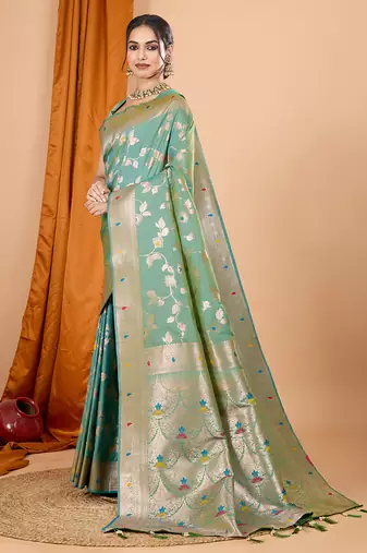 sea green zari work banarasi silk blend saree with blouse