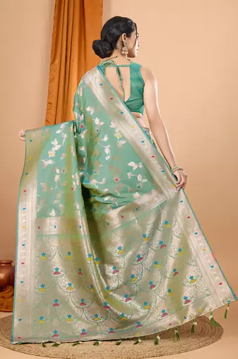 sea green zari work banarasi silk blend saree with blouse