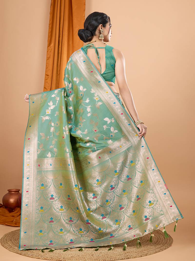 sea green zari work banarasi silk blend saree with blouse