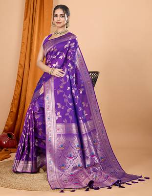 purple zari work banarasi silk blend saree with blouse 1