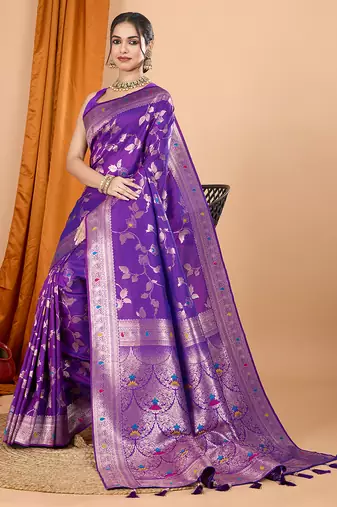 purple zari work banarasi silk blend saree with blouse