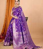 purple zari work banarasi silk blend saree with blouse