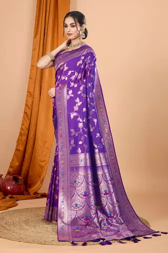 purple zari work banarasi silk blend saree with blouse
