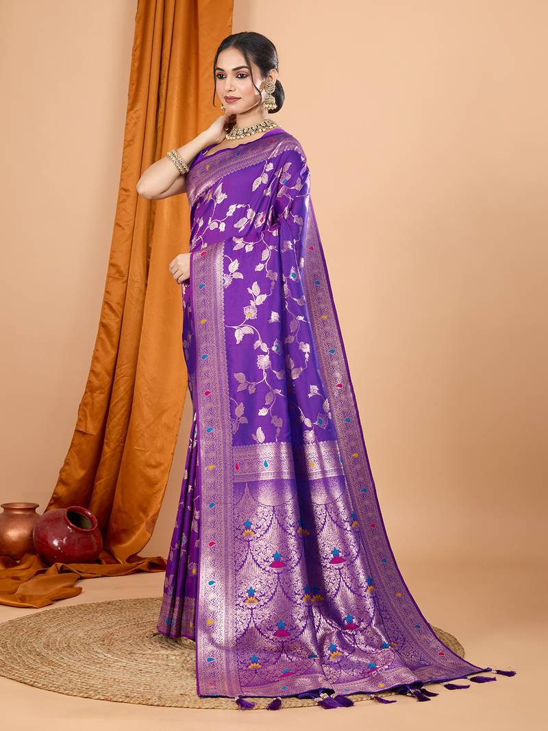purple zari work banarasi silk blend saree with blouse