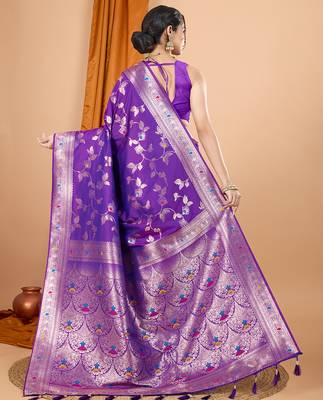 purple zari work banarasi silk blend saree with blouse 4
