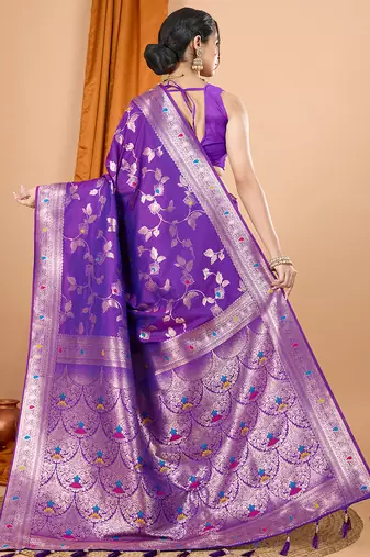 purple zari work banarasi silk blend saree with blouse