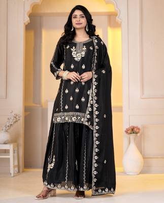 Black chinon silk party embroidery wear sharara suit set 1
