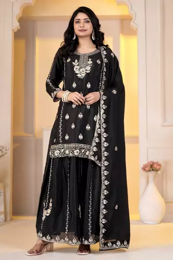 Black chinon silk party embroidery wear sharara suit set