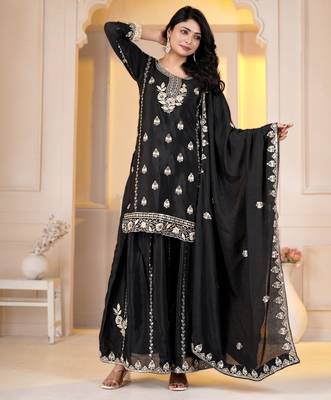 Black chinon silk party embroidery wear sharara suit set 2