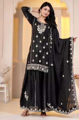 Black chinon silk party embroidery wear sharara suit set