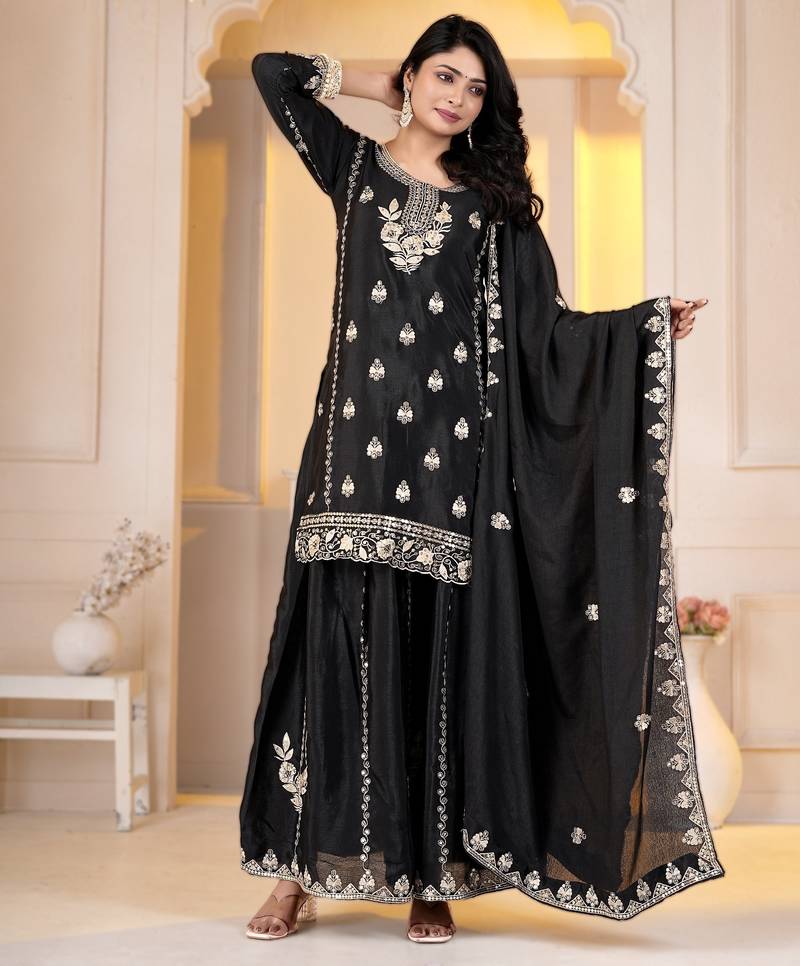 Black chinon silk party embroidery wear sharara suit set