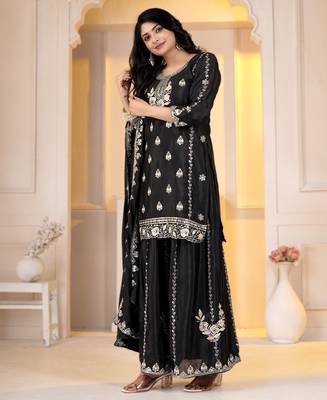 Black chinon silk party embroidery wear sharara suit set 3