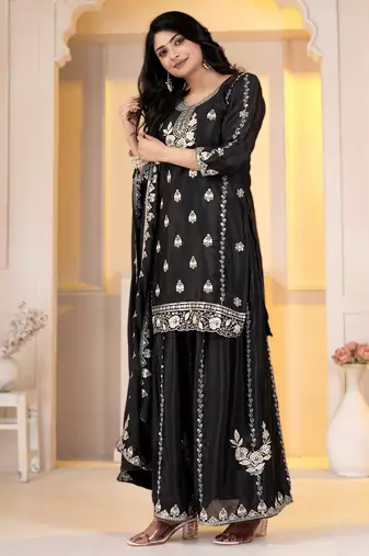 Black chinon silk party embroidery wear sharara suit set