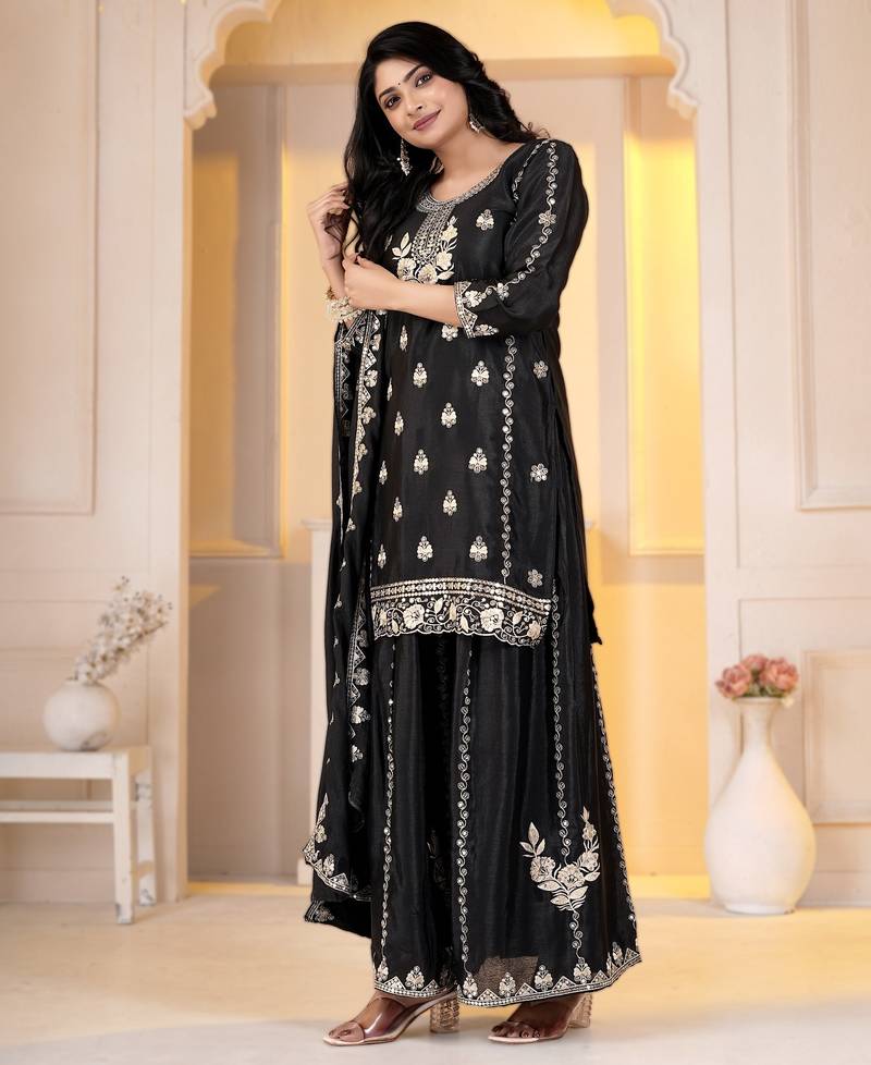 Black chinon silk party embroidery wear sharara suit set