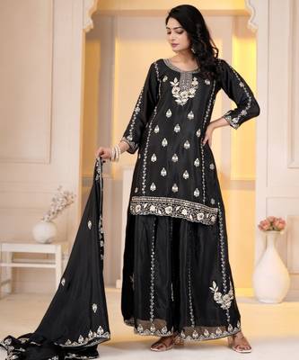 Black chinon silk party embroidery wear sharara suit set 4