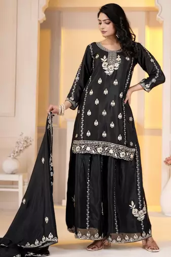 Black chinon silk party embroidery wear sharara suit set