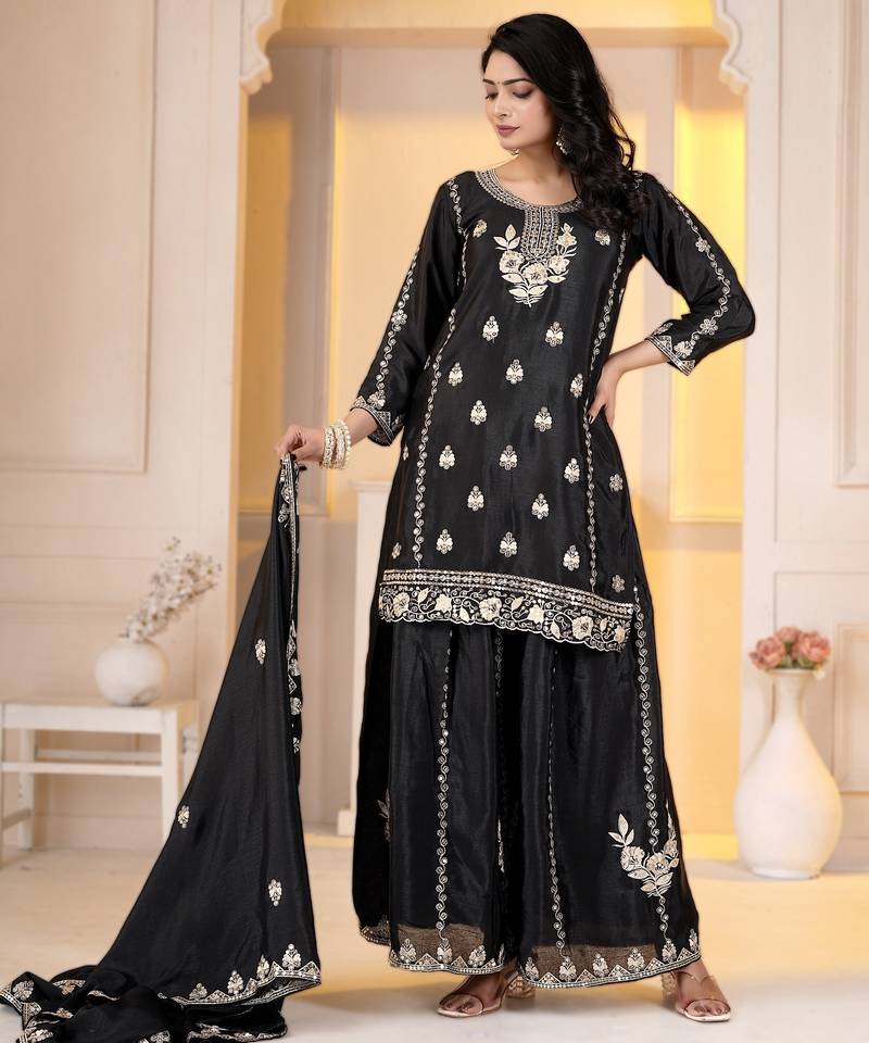 Black chinon silk party embroidery wear sharara suit set