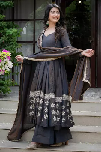 Navy blue vichitra  silk party  embroidery wear sharara  suit set