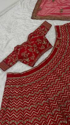 RED COLOUR DESIGNER WEDDING WEAR LAHENGHA  4