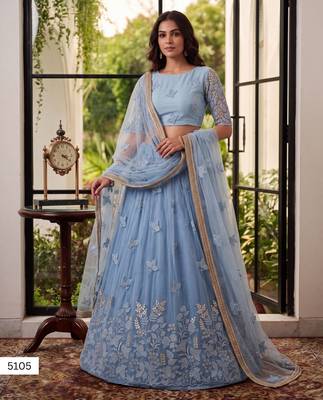 Mint Green Designer Embroidered Butterfly Net Lehenga Choli Set 1