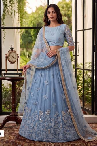 Mint Green Designer Embroidered Butterfly Net Lehenga Choli Set