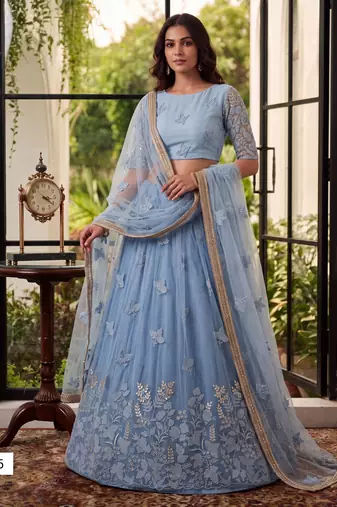 Mint Green Designer Embroidered Butterfly Net Lehenga Choli Set