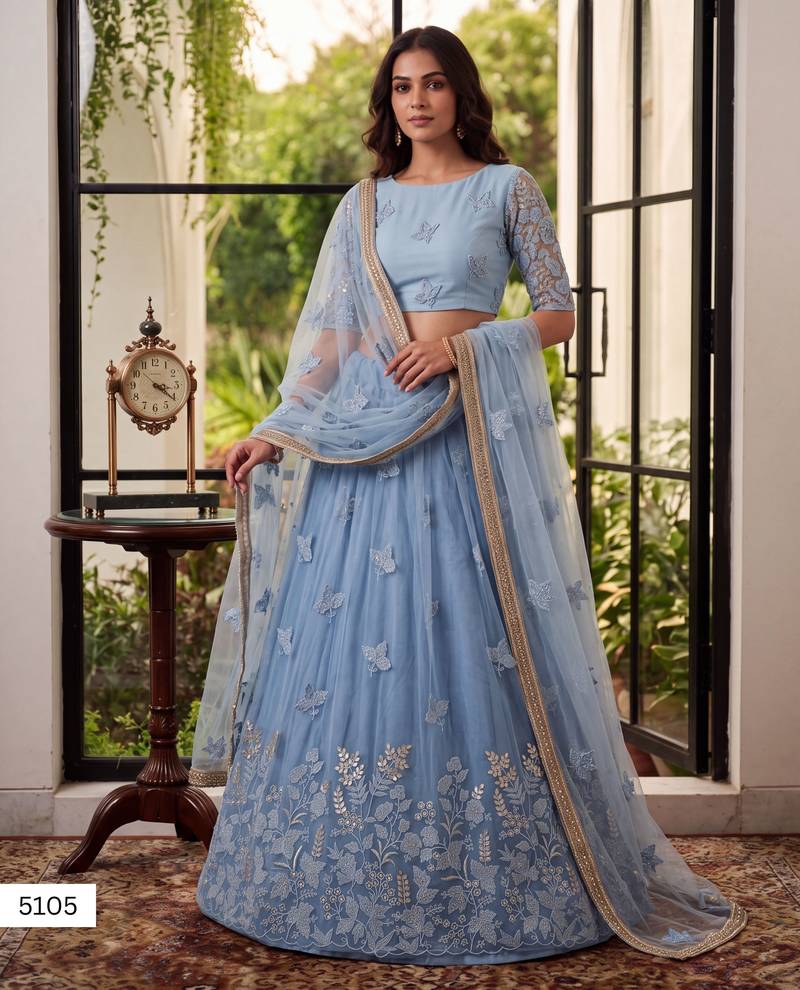 Mint Green Designer Embroidered Butterfly Net Lehenga Choli Set