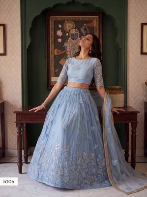 Mint Green Designer Embroidered Butterfly Net Lehenga Choli Set 2