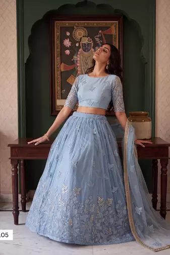 Mint Green Designer Embroidered Butterfly Net Lehenga Choli Set