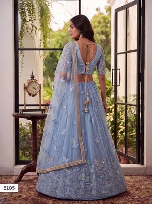 Mint Green Designer Embroidered Butterfly Net Lehenga Choli Set 3
