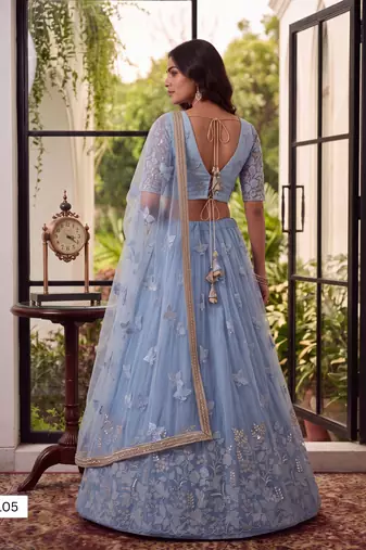Mint Green Designer Embroidered Butterfly Net Lehenga Choli Set