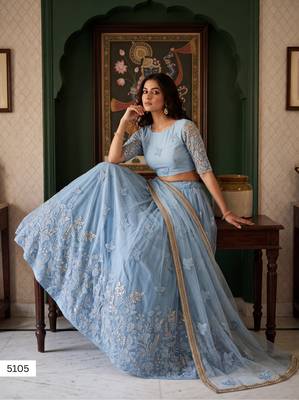 Mint Green Designer Embroidered Butterfly Net Lehenga Choli Set 4