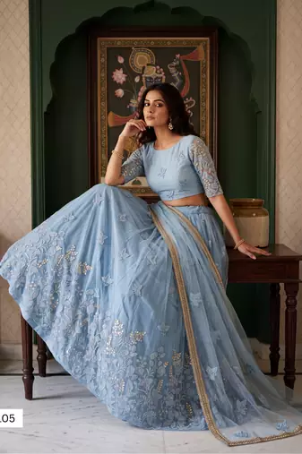 Mint Green Designer Embroidered Butterfly Net Lehenga Choli Set