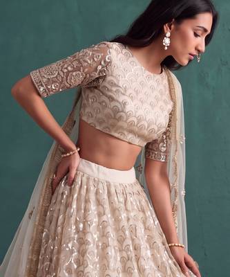 Off White Designer Embroidered Butterfly Net Lehenga Choli Set 2