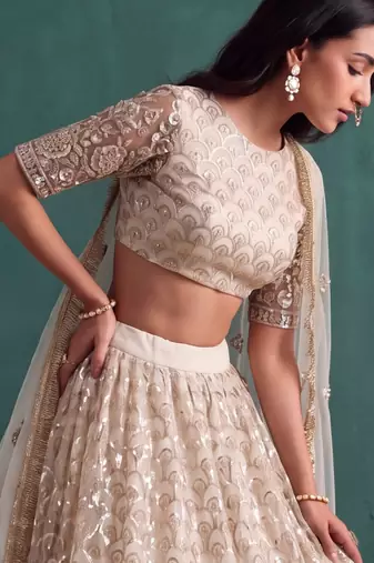 Off White Designer Embroidered Butterfly Net Lehenga Choli Set