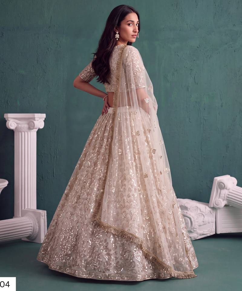 Off White Designer Embroidered Butterfly Net Lehenga Choli Set