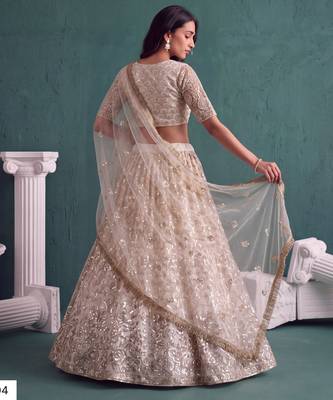 Off White Designer Embroidered Butterfly Net Lehenga Choli Set 3