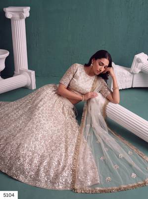 Off White Designer Embroidered Butterfly Net Lehenga Choli Set 4