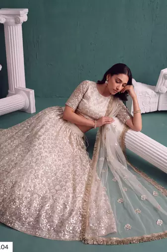 Off White Designer Embroidered Butterfly Net Lehenga Choli Set