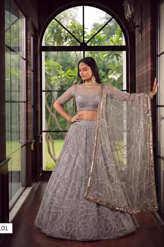 Light Grey Designer Embroidered Butterfly Net Lehenga Choli Set