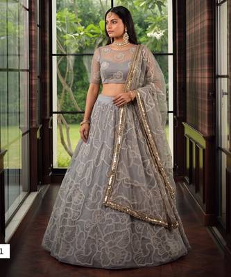 Light Grey Designer Embroidered Butterfly Net Lehenga Choli Set 2