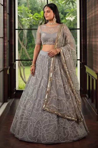Light Grey Designer Embroidered Butterfly Net Lehenga Choli Set